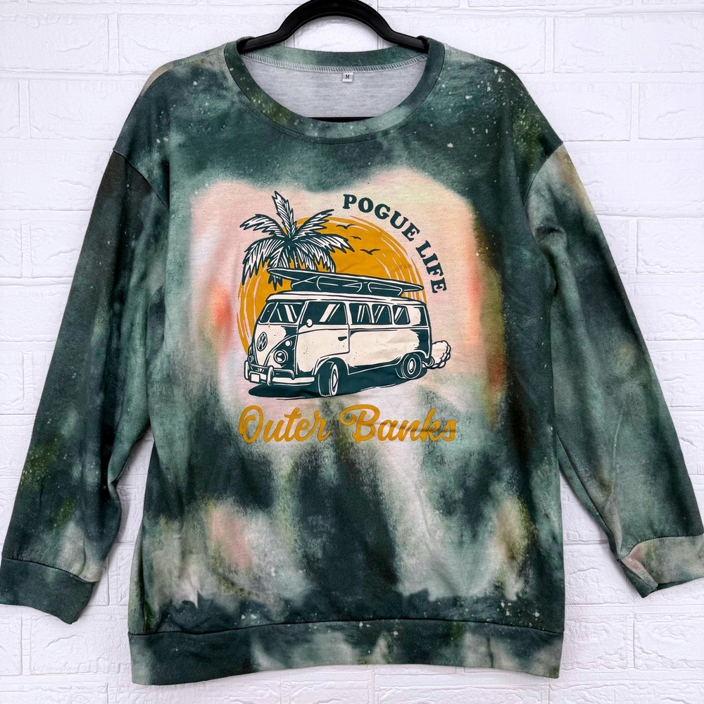 Outer Banks Sweatshirt Women Size M Green Pogue Life VW Bus Tie Dye Crewneck